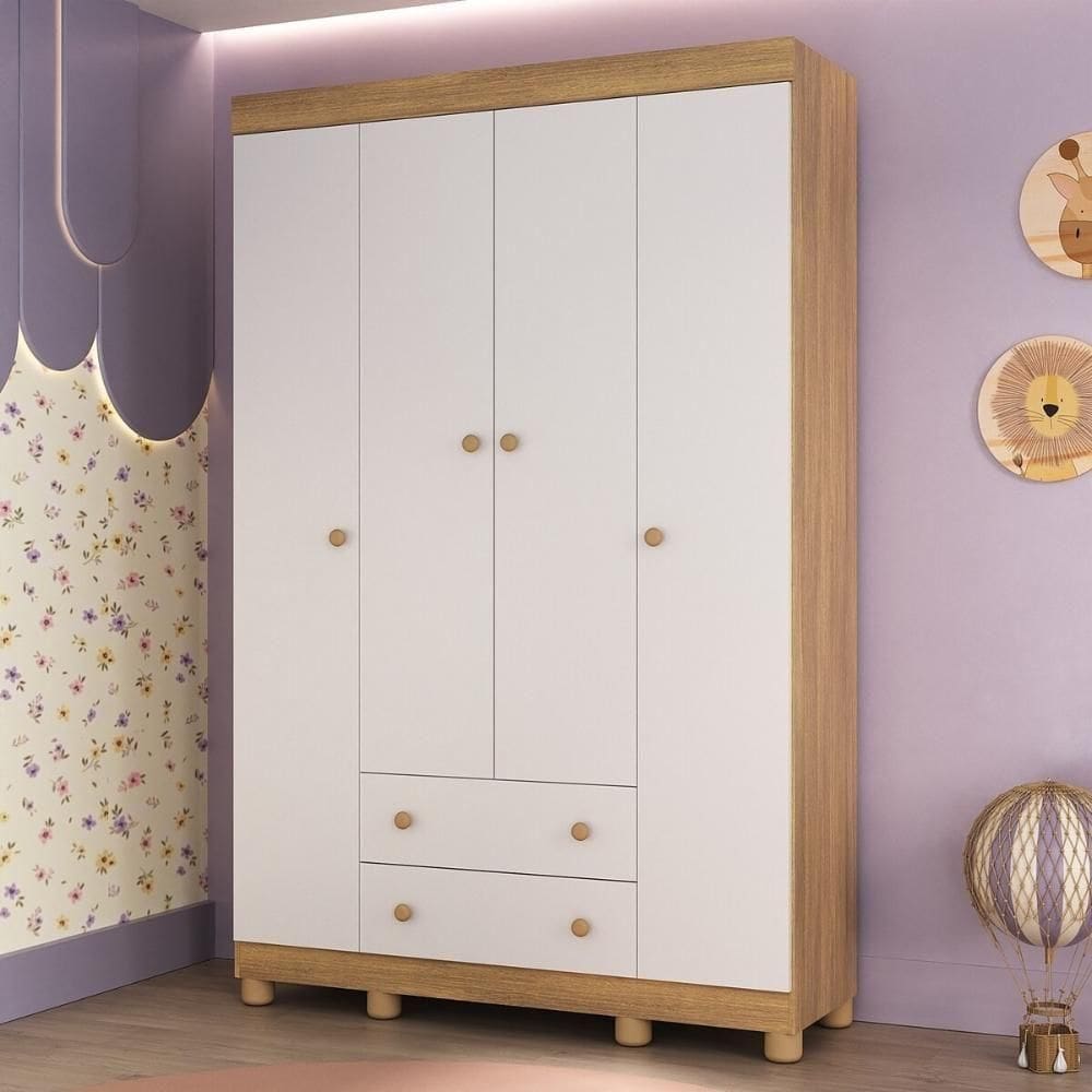 Guardaroupa Infantil 122cm 4 Portas E 2 Gavetas Allegra Multimóveis Mp4443 Madeiradobranco
