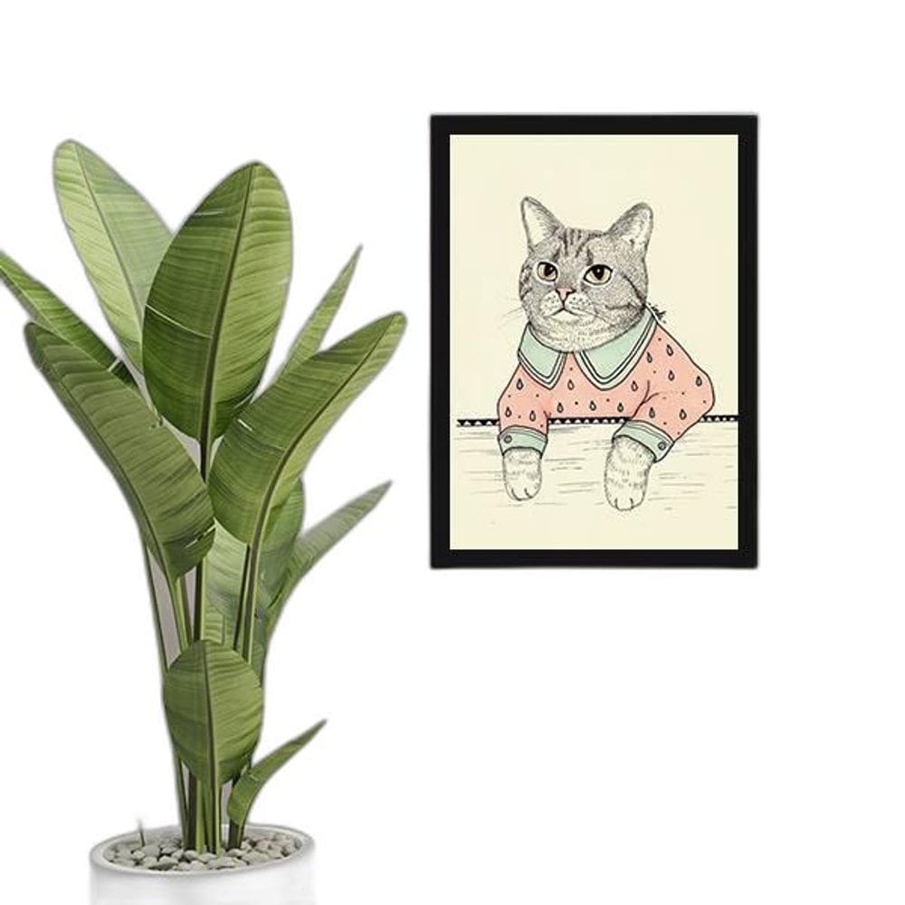 Quadro Gatinha Vintage 33X24Cm - Com Vidro - Madeira Preta