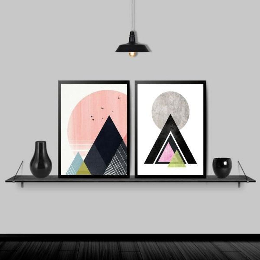 Kit 2 Quadros Modernos Triângulos Coloridos 33X24 Preta