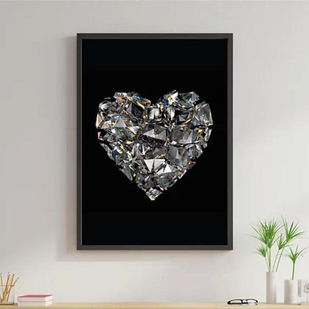 Quadro Decorativo Coração De Diamantes 33X24 C/Vidro - Preta