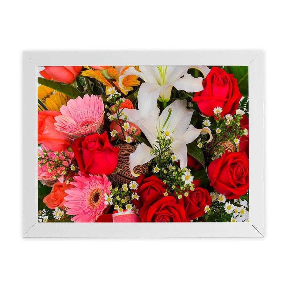 Quadro Buquê Mix De Flores Rosas Moldura Branca 60X40Cm