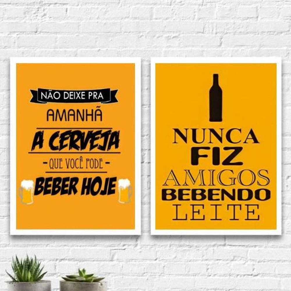 Kit Quadros Cerveja Preto E Amarelo 33X24Cm 2 Peças