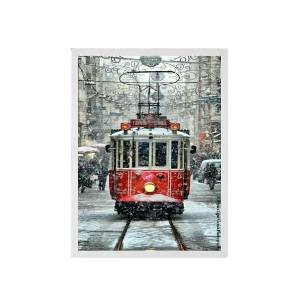 Quadro Fotografia Bonde Vermelho Neve Moldura Branca 33X24Cm