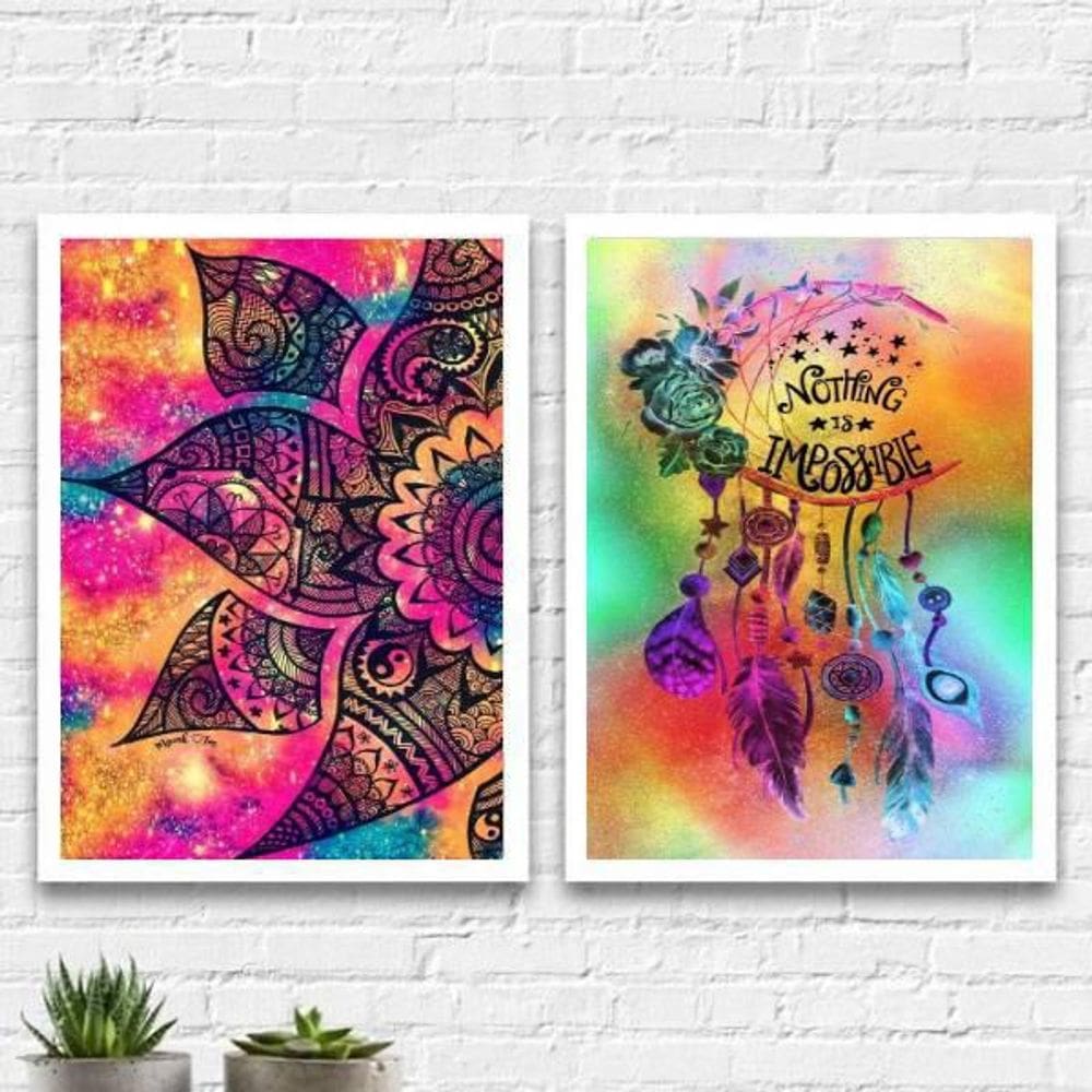 Kit 2 Quadros Mandala Nothing Is Impossible 33X24Cm - Branca