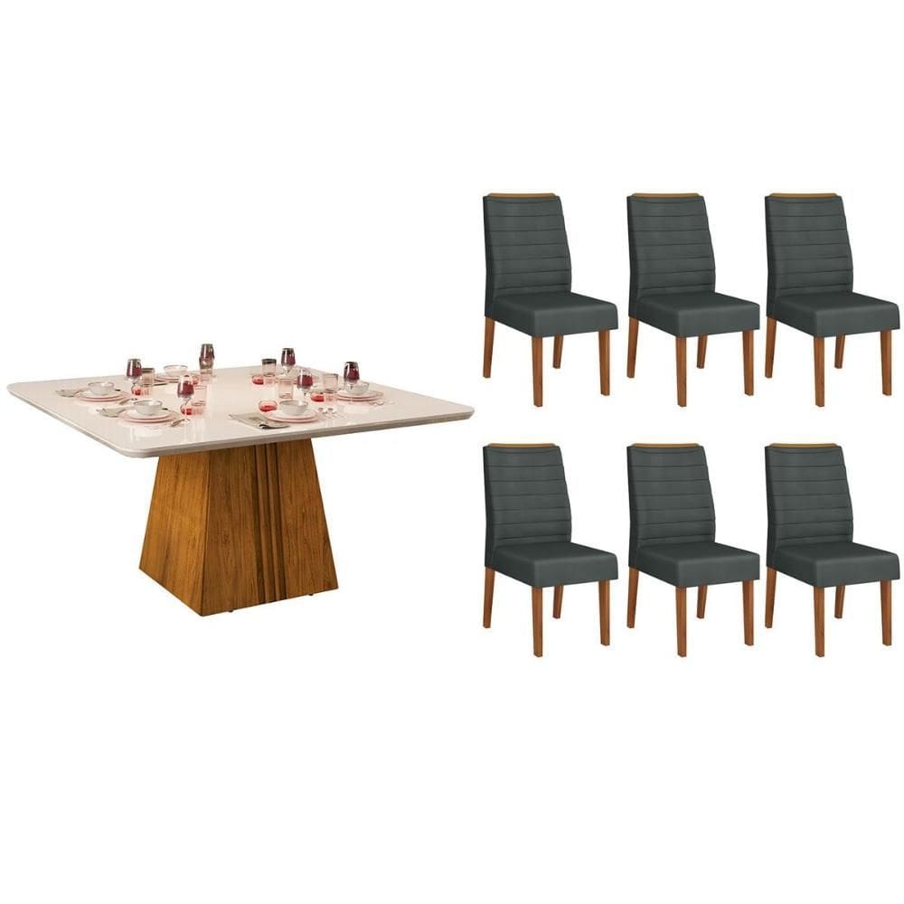 Conjunto: Mesa de Cozinha Itália c/ Tampo Madeirado c/ Vidro Curvo 136x136cm e 6 Cadeiras Ondina Freijo/Off White - Suede Lunar - DJ Móveis