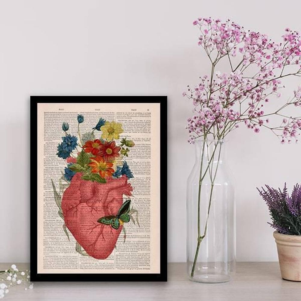 Quadro Decorativo Coração Com Flores 34X23Cm Moldura Branca