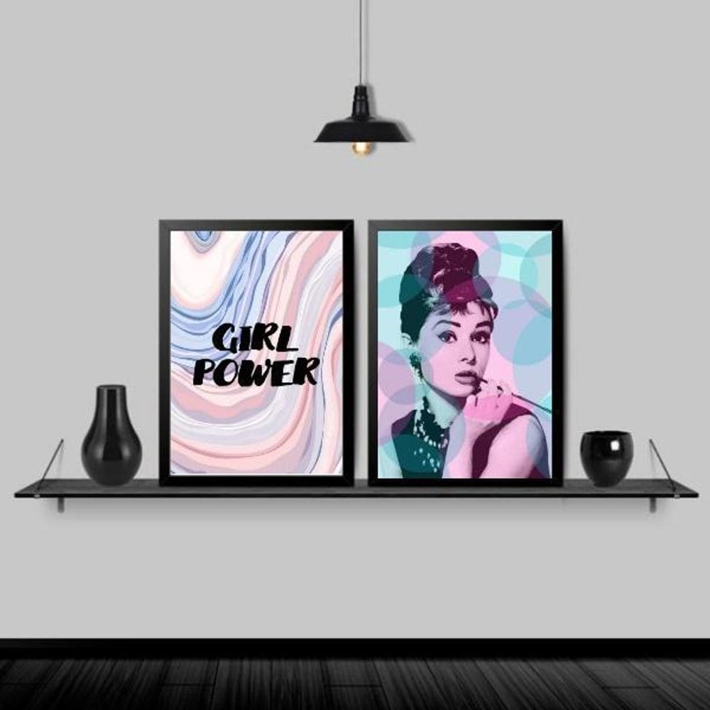 Kit 2 Quadros Audrey Girl Power 24X18Cm Moldura Preta