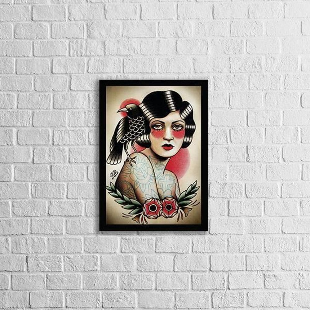 Quadro Tatoo Style Mulher Com Corvos 45X34Cm Com Vidro Preta
