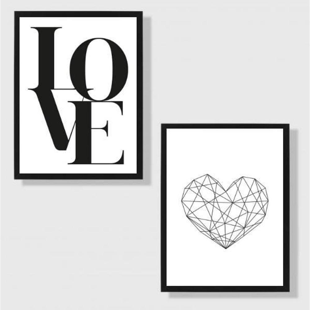 Kit 2 Quadros Coração Geométrico 24X18Cm 002