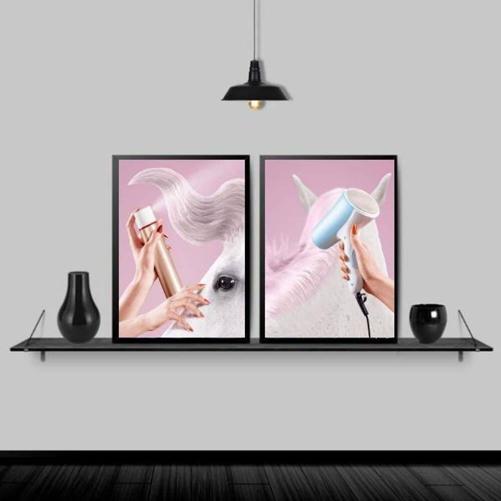 Kit 2 Quadros Salão Crina Cavalo 33X24 Com Vidro - Preta