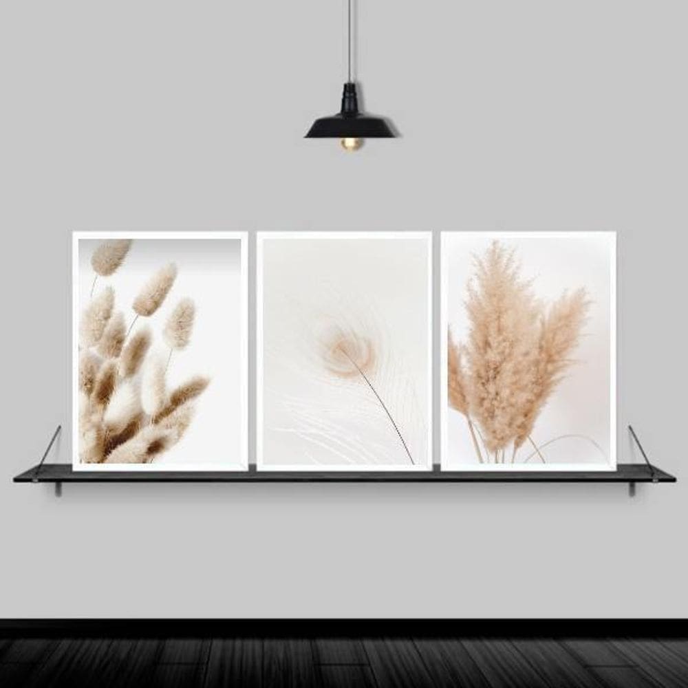 Kit 3 Quadros Flores Secas Bege 45X34Cm - Madeira Branca