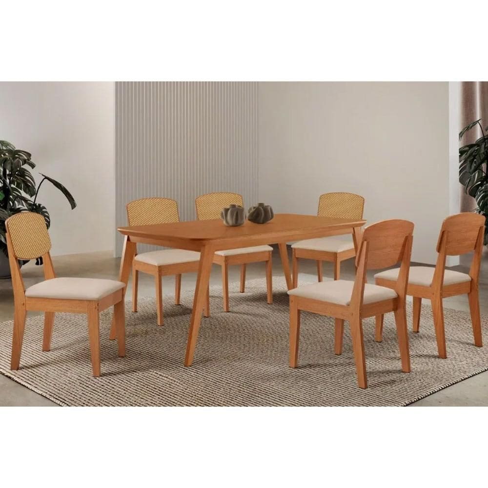 Conjunto: Mesa de Cozinha Havana Tampo Curvo 180cm+6 Cadeiras Havana Naturale - Suede Creme - Rufato