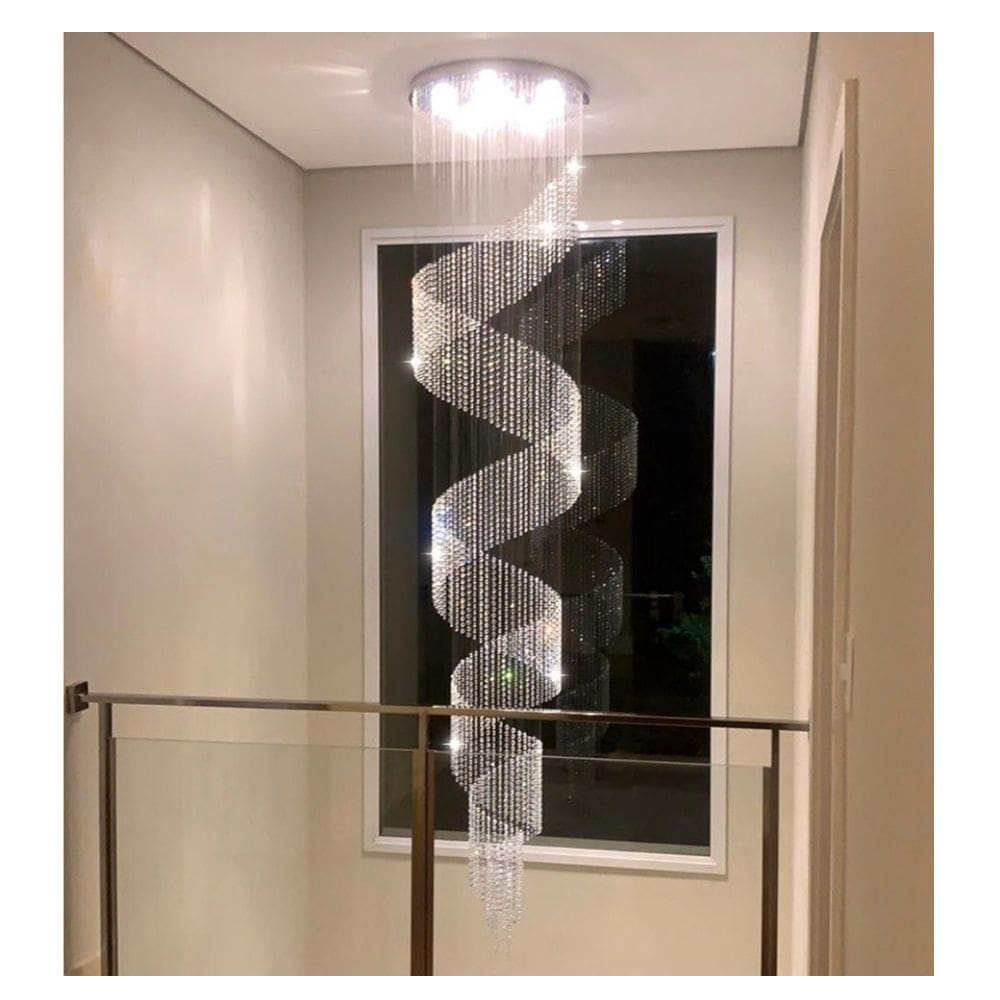 Lustre de Cristal Legítimo em Espiral Redondo 3 Metros de Altura base inox Dourada