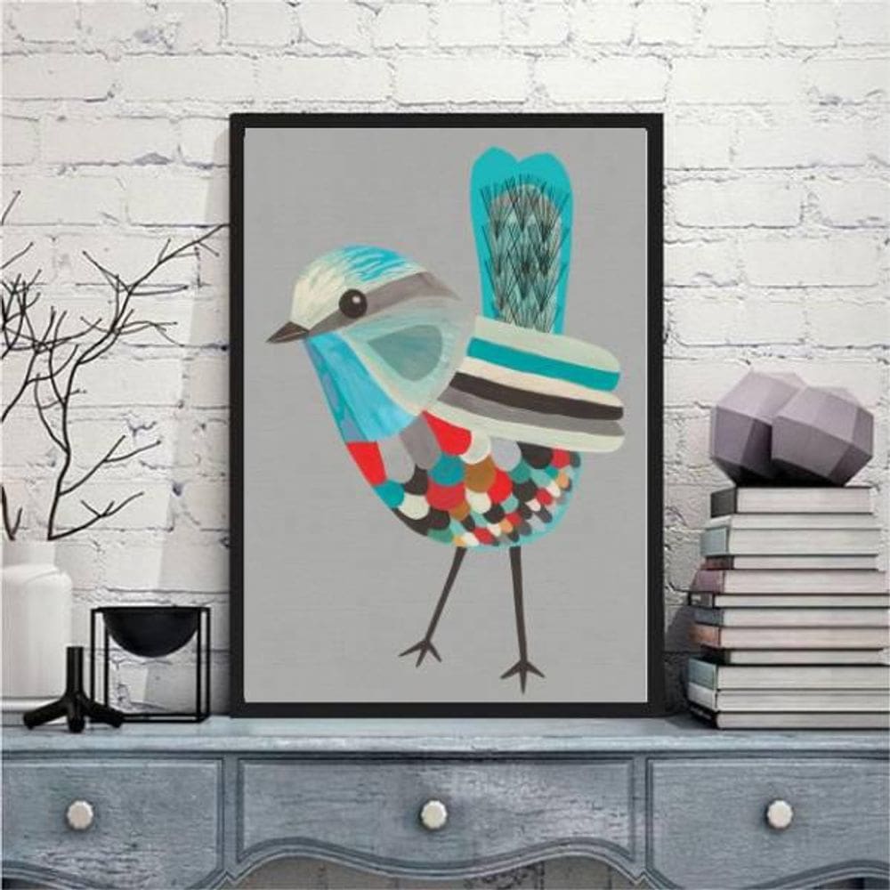 Quadro Decorativo Passarinho Colorido Fundo Cinza