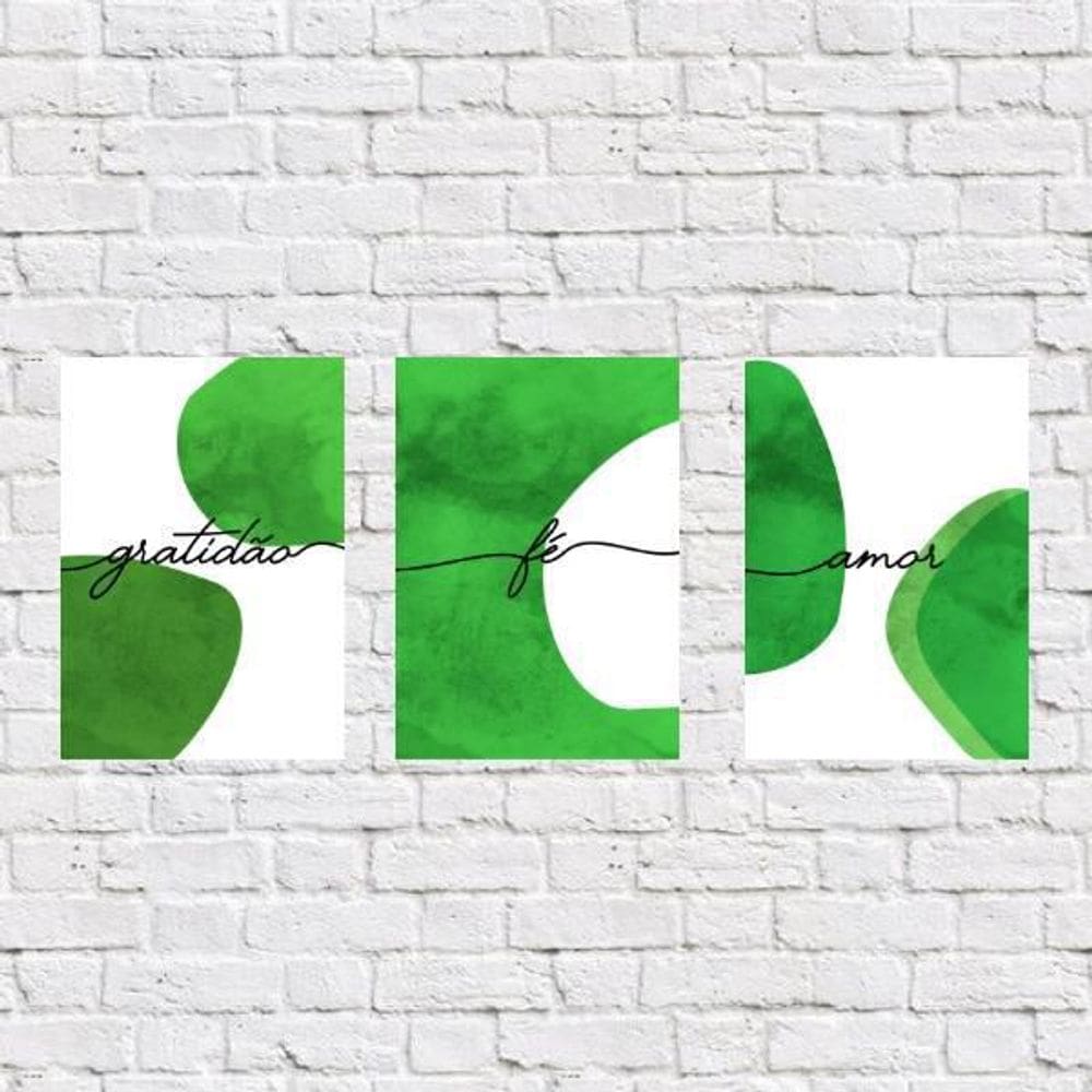 Kit 3 Placas Gratidão Fé Amor Verde 18X27Cm