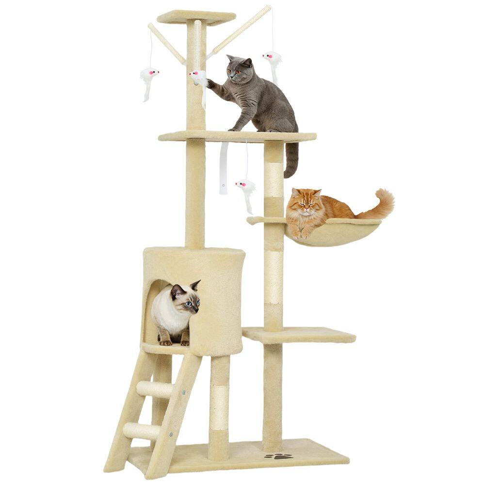 Torre para Gatos PawHut de 53” con Postes para Rascar y Felpa Beige