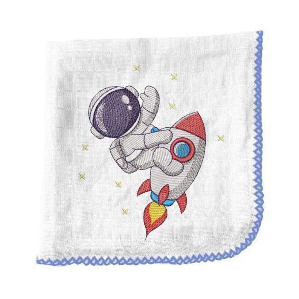 1 Pç Fraldinha De Boca Bordada 33X33Cm Com Crochê Azul