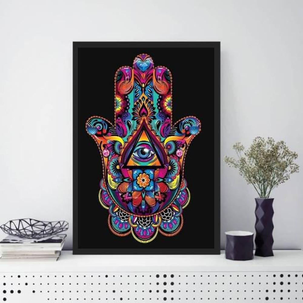 Quadro Mão Indiana Hansa Colorido 24X18Cm Moldura Preta