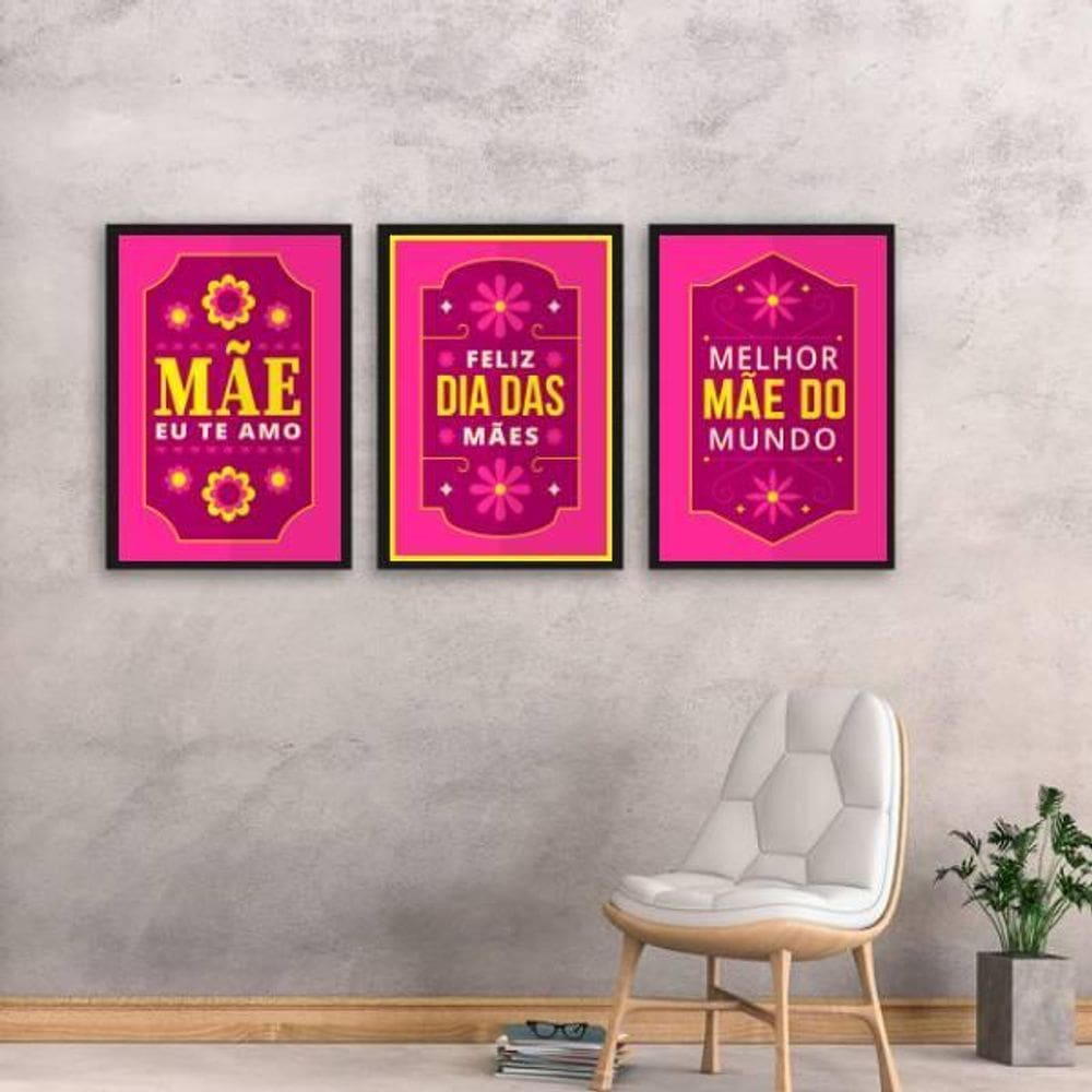 Quadros Decorativos Mãe Eu Te Amo Moldura Preta 24X18Cm 3Un