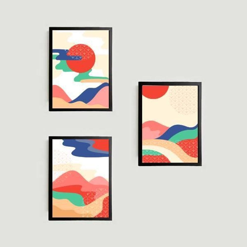 Kit 3 Quadros Abstratos Montanhas Multicoloridas 45X34 Preta