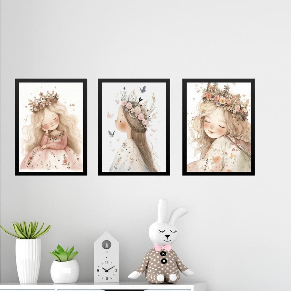 Kit 3 Quadros Infantis Menina Vintage Princesa 24X18Cm