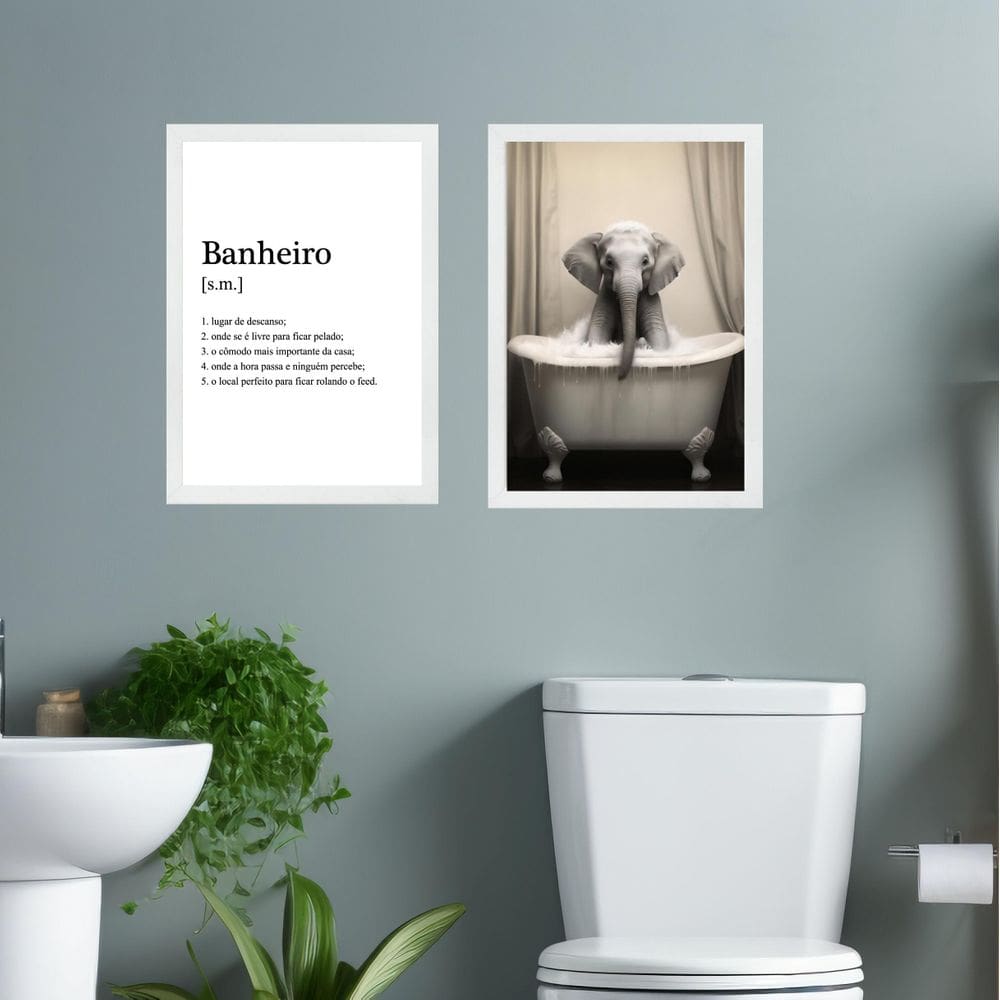Kit 2 Quadros Decorar Banheiro - Elefantinho 45X34Cm - Vidro
