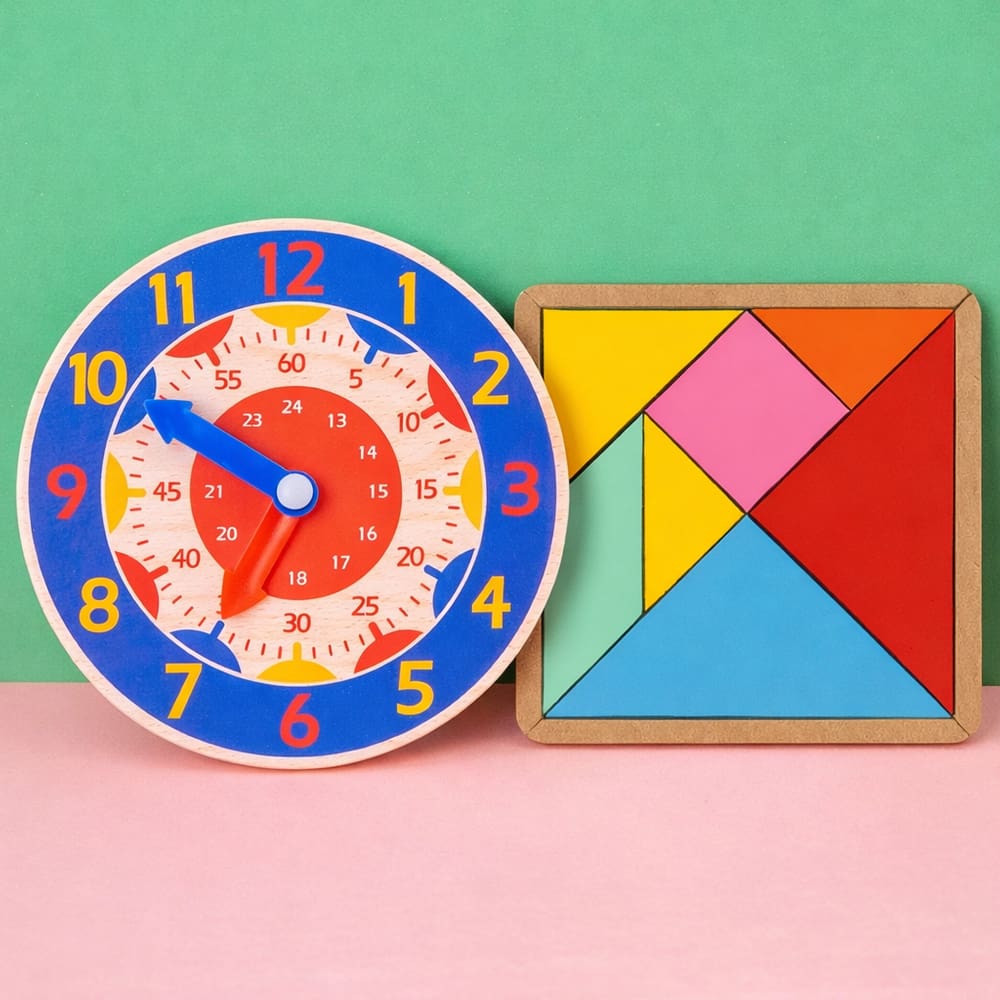 Kit Brinquedo Educativo Tangram em MDF Com Relógio Montessori em Madeira Colorido para Aprendizado de Horas e Minutos