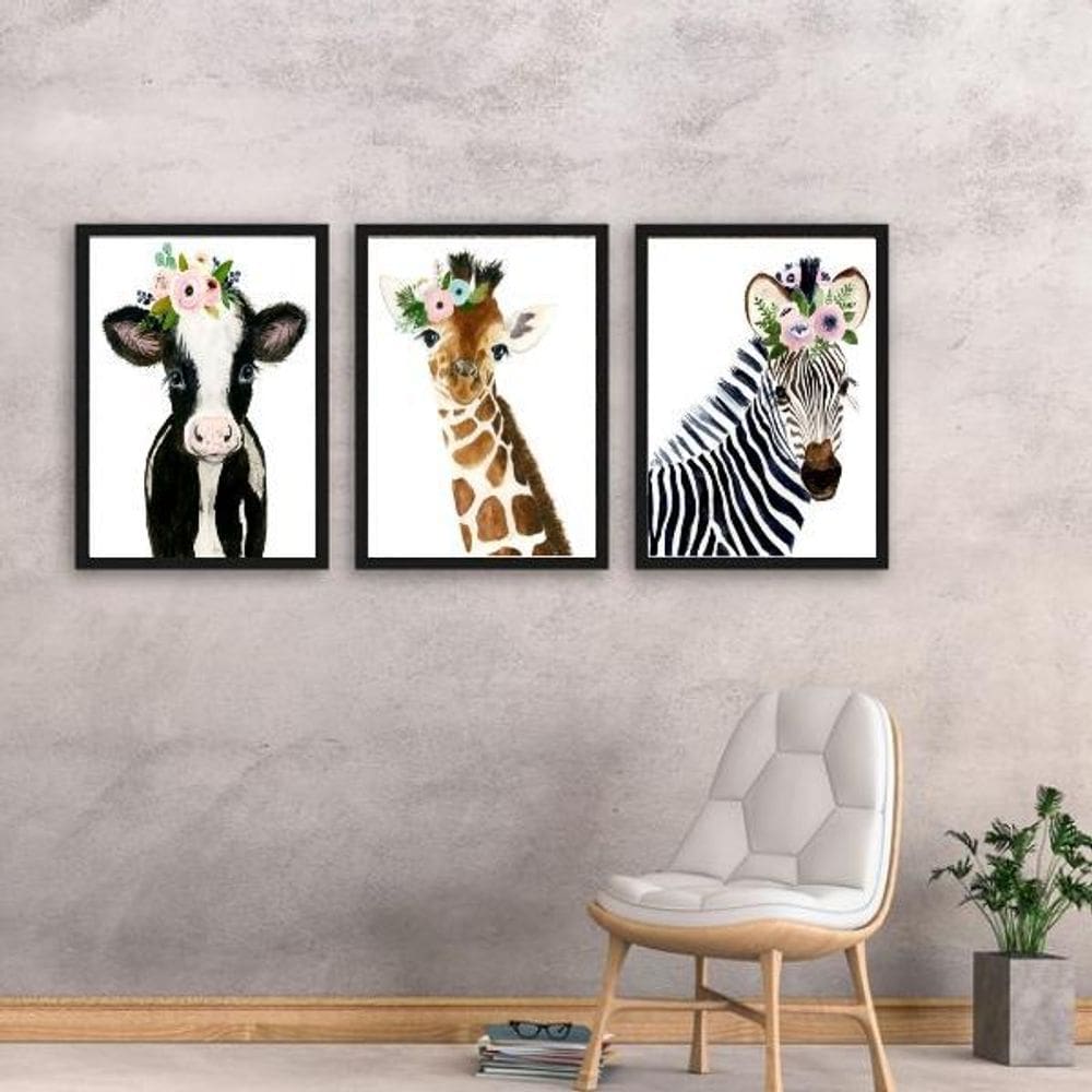 Quadro Decorativo Animais Coroa Flores Vidro 24X18Cm 3 Peças