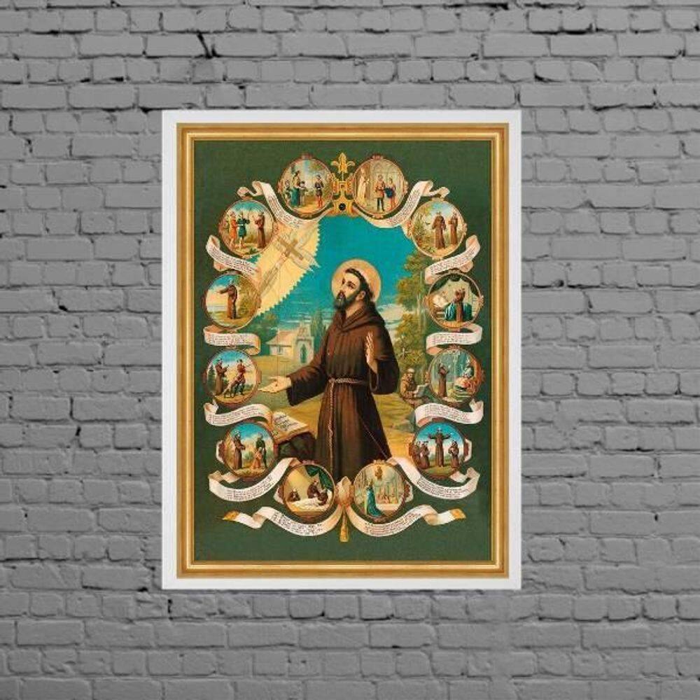 Quadro Vintage São Francisco De Assis 45X34Cm Moldura Branca