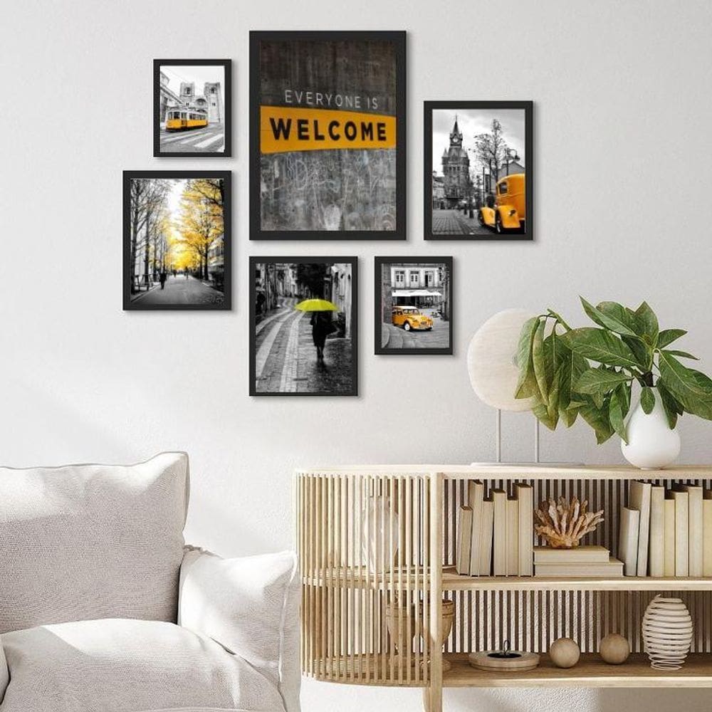 Kit 6 Quadros Fotos Cidades Preto/Amarelo - Vidro