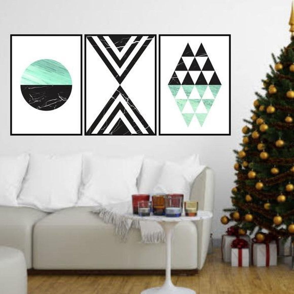 Quadros Geométrico Verde E Mármore Moldura Preta 24X18Cm 3Un