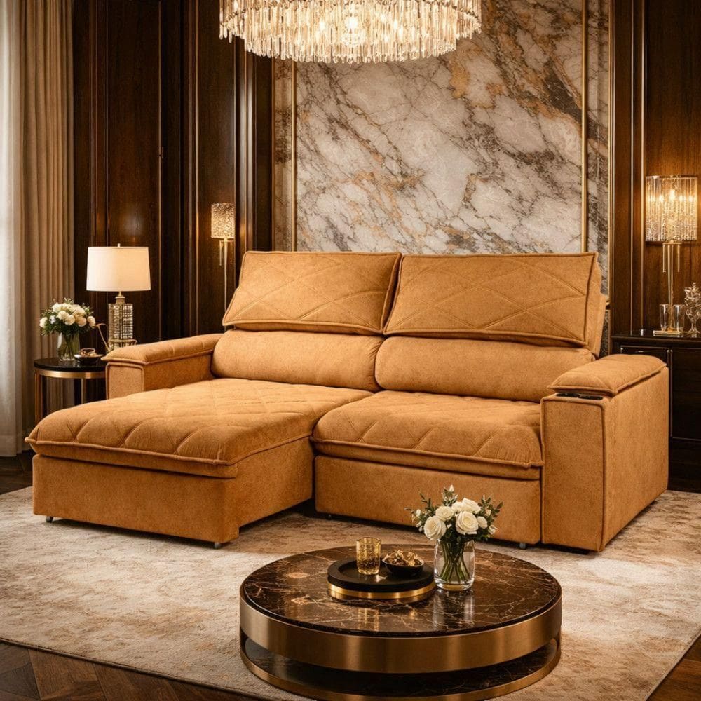 Sofá Retrátil Reclinável Mônaco 2,10 Metros Bouclê Mostarda Com Dourado