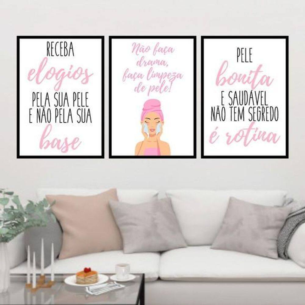 Kit 3 Quadros Limpeza De Pele 33X24Cm - Vidro Moldura Preta