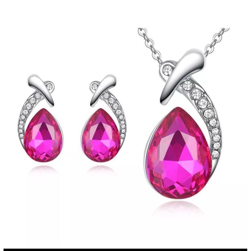 Conjunto Colar E Brincos Formato De Gota Com Pingente Pink