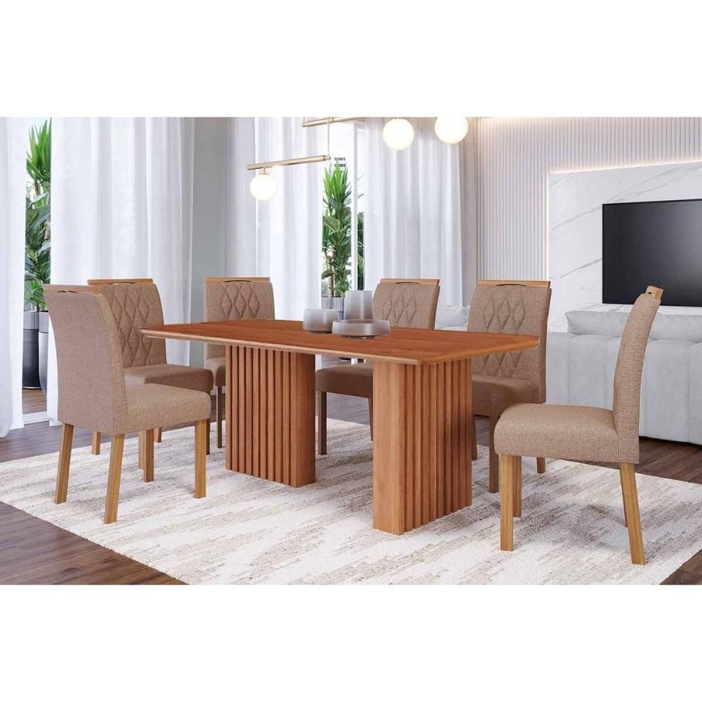 Conjunto: Mesa Sala Jantar Ester Tampo Madeirado 180x90cm e 6 Cadeiras Juliana Cinamomo - Carvalho/Linho Bege Cimol
