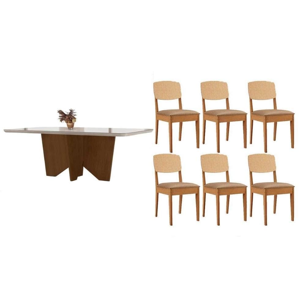 Conjunto: Mesa Sala Jantar Nevada Curvo 180cm + 6 Cadeiras Havana Naturale/Off White - Capuccino/Linho Bege - Rufato