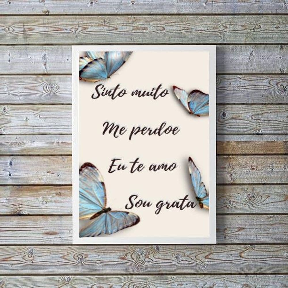 Quadro Ho`oponopono Borboletas Azuis 24x18cm - Moldura Preta