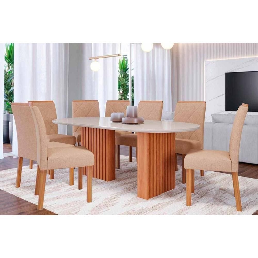Conjunto: Mesa Sala Jantar Ester Tampo Madeirado c/ Vidro 210x100cm e 8 Cadeiras Fernanda Cinamomo/Off White - Carvalho/Suede Nude Bege Cimol