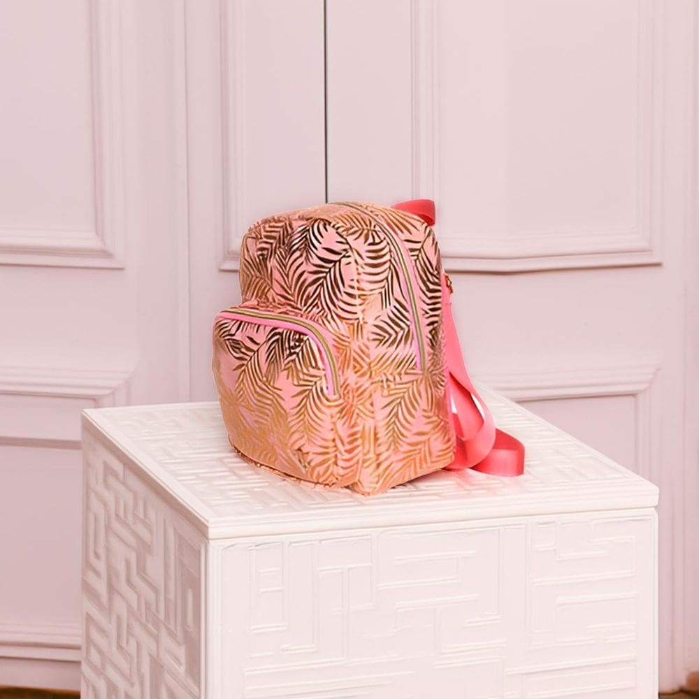 Mochila De Costas Feminina Brilhosa Folhas Passeio Cor:Rosa