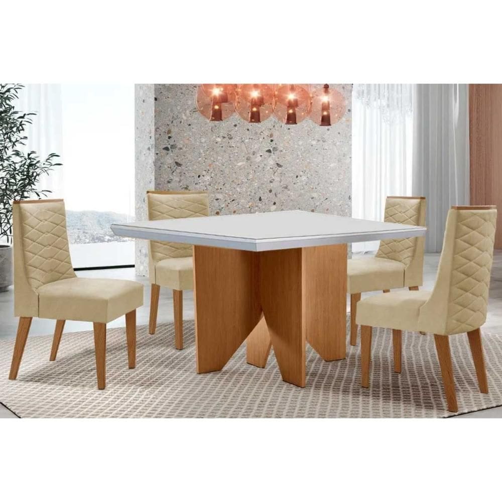 Conjunto: Mesa Sala Jantar Nevada c/ Tampo Madeirado c/ Vidro Canto Curvo 90x90cm e 4 Cadeiras Dafne Naturale/Off White - Suede Creme - Rufato