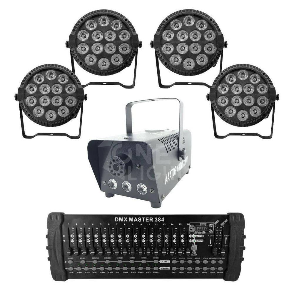Kit 4 Par Led Slim + Máquina De Fumaça 600W + Mesa Dmx 384