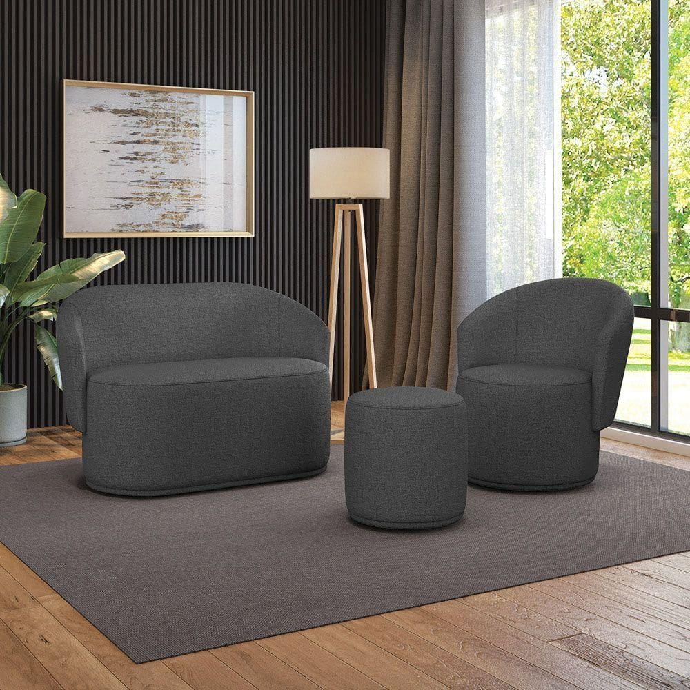 Sofá Namoradeira Com Poltrona E Puff Orgânico Sala Malu Bouclê M11 - D`rossi Grafite