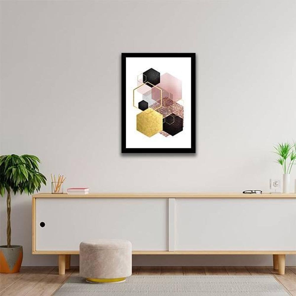Quadro Geométrico Hexágono Preto Dourado 24X18 Vidro Preta