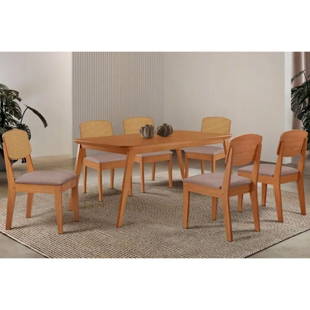 Conjunto: Mesa de Cozinha Havana Tampo Curvo 180cm+6 Cadeiras Havana Naturale - Linho Capuccino - Rufato