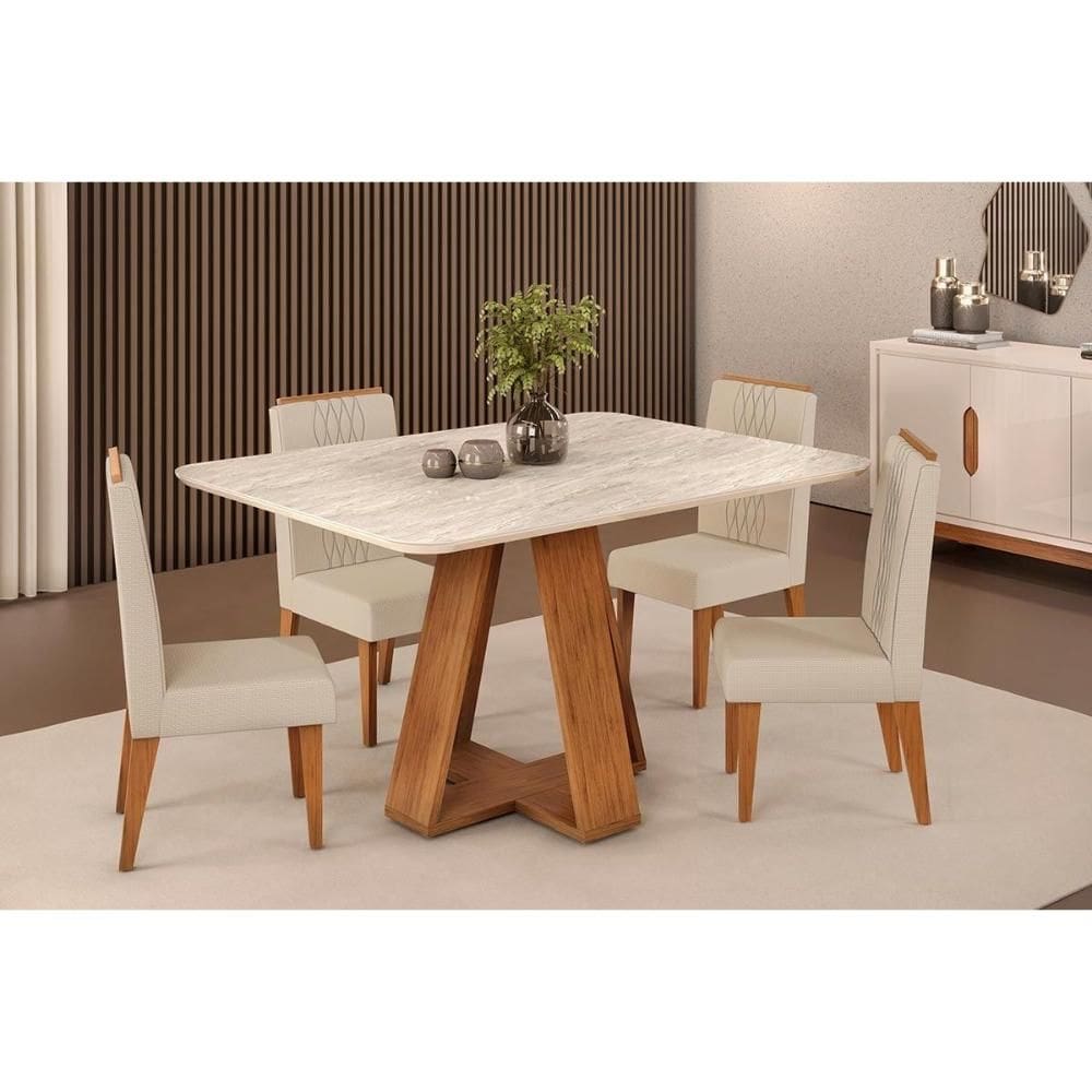 Conjunto: Mesa Sala Jantar Celeste c/ Tampo Madeirado Curvo 120x90cm e 4 Cadeiras Lia Freijo/Quartzo - Linho Neve - DJ Móveis