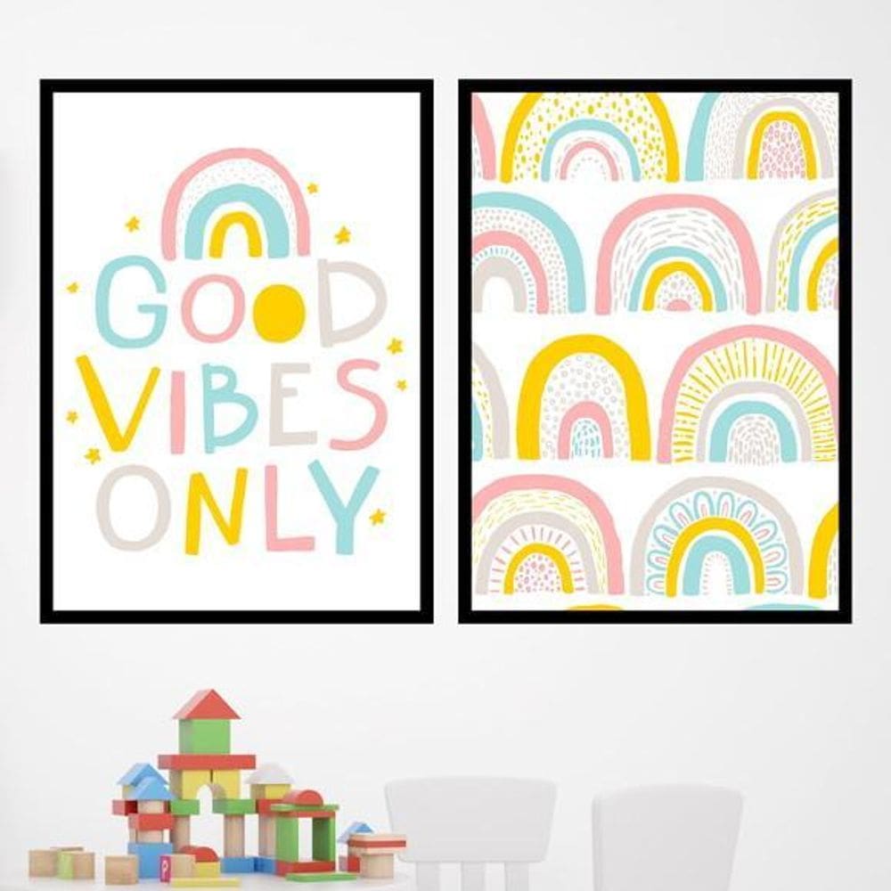 Quadros Good Vibes Arco-Íris Moldura Preta 24X18Cm 2 Peças