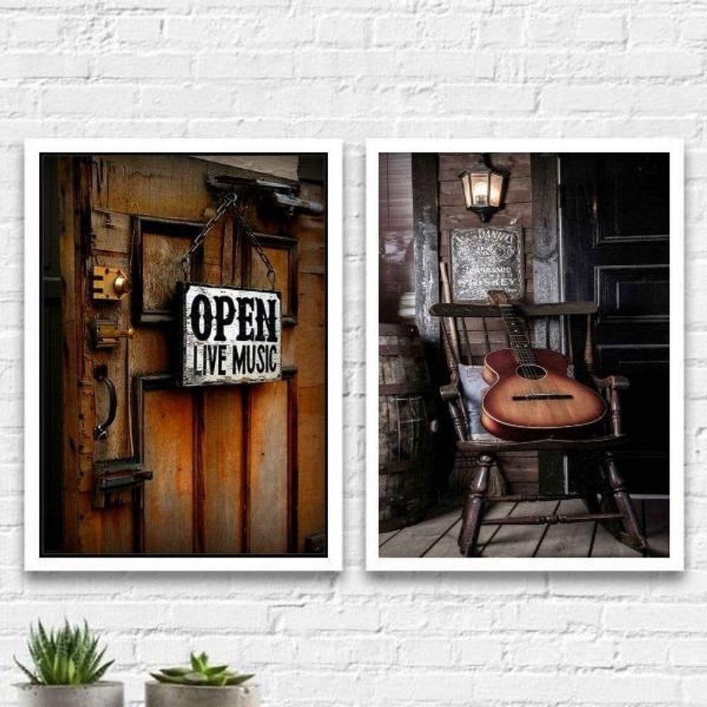 Kit 2 Quadros Live Music Violão Vintage 45X34Cm Vidro Branca