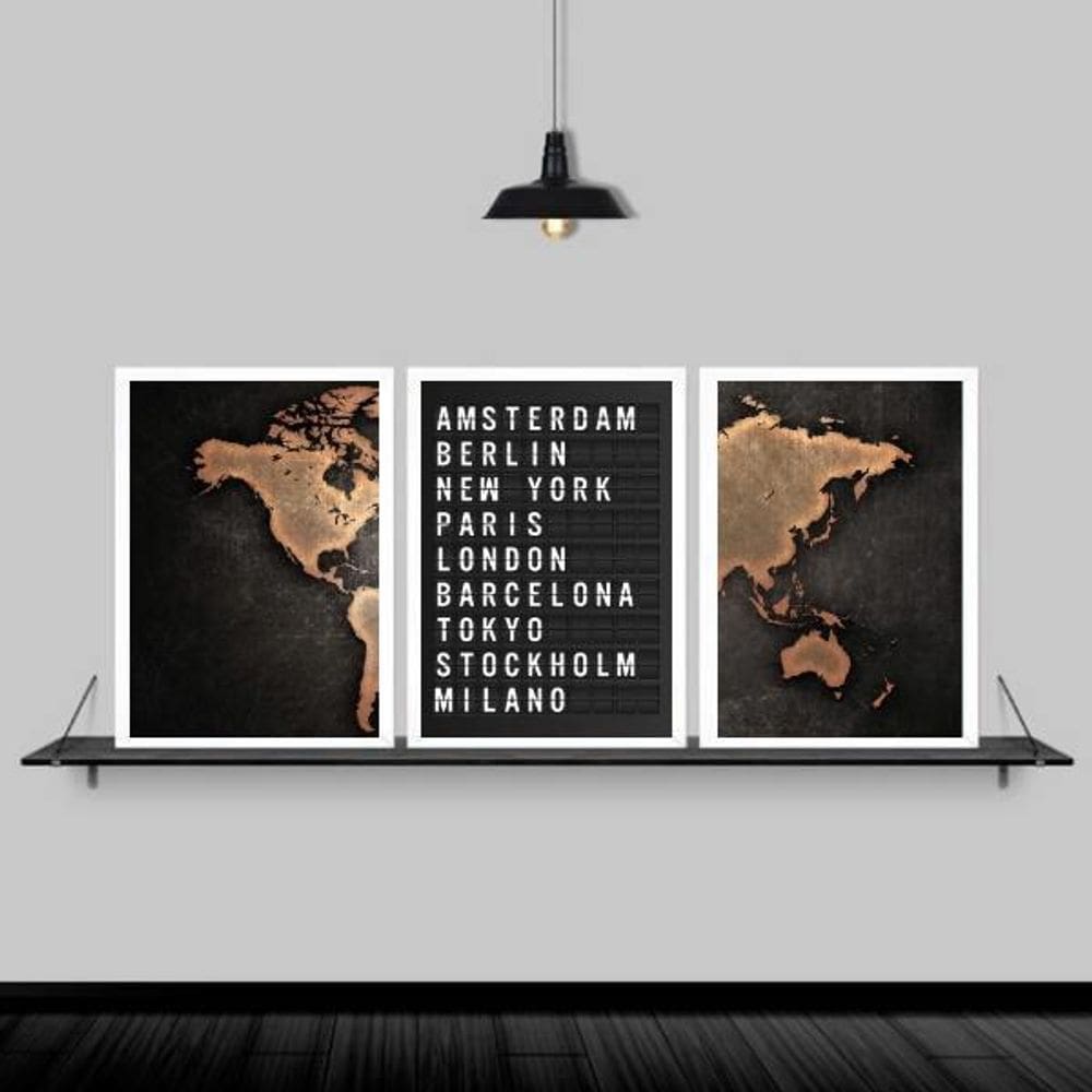 Kit 3 Quadros Mapa Placa De Aeroporto 33X24Cm Madeira Branca