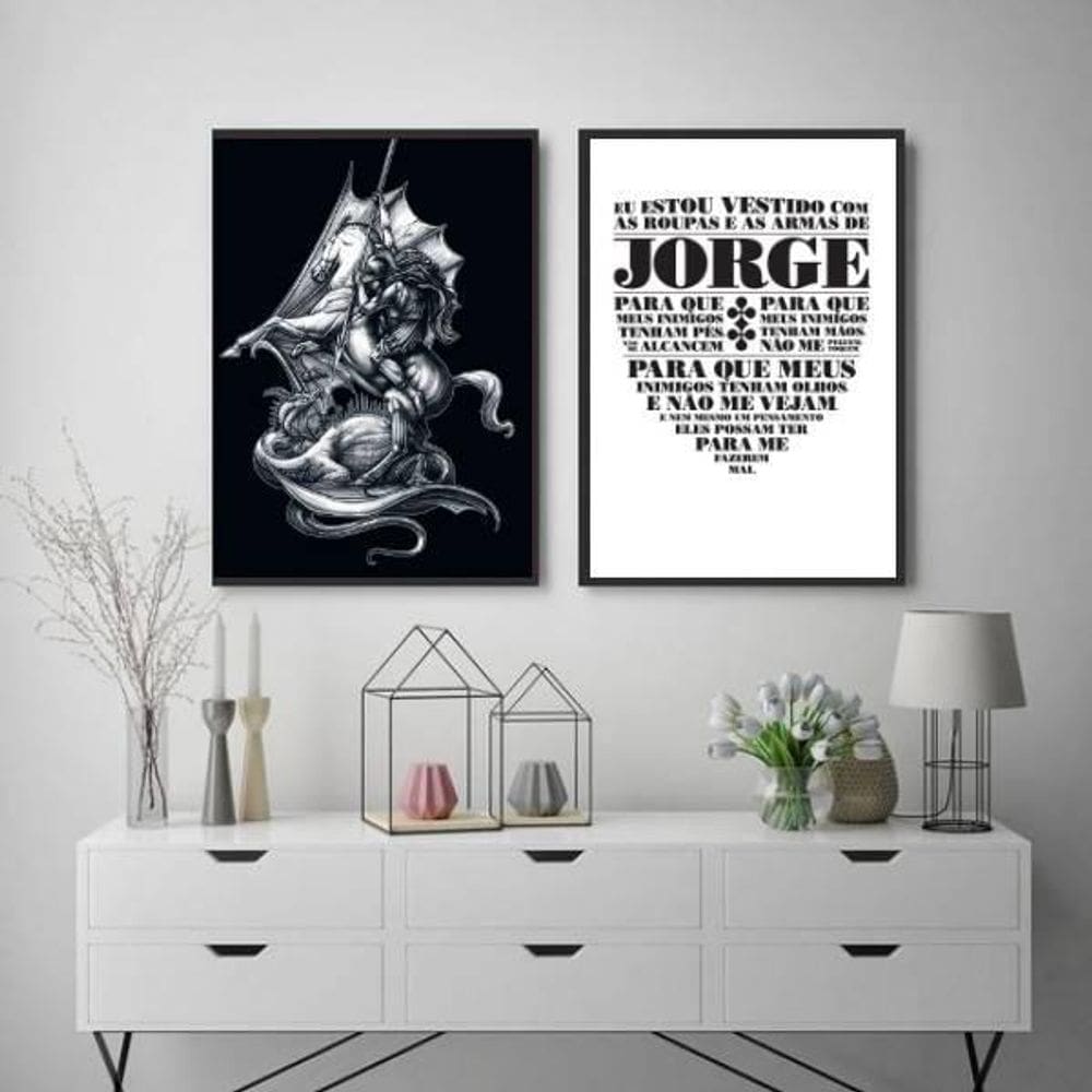 Kit 2 Quadros Oração De São Jorge 45X34Cm Moldura Preta