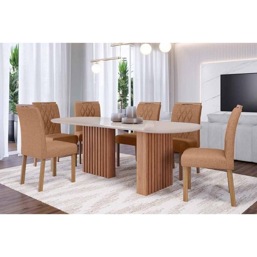 Conjunto: Mesa Sala Jantar Ester Tampo Madeirado Oval c/ Vidro 210x100cm e 6 Cadeiras Juliana Cinamomo/Off White - Carvalho/Suede Nude Bege Cimol